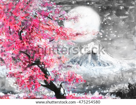 oil painting landscape with sakura and mountain, hand drawn illustration, Japan