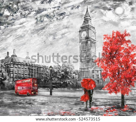 oil painting on canvas, street view of london. Artwork. Big ben. man and woman under a red umbrella, bus and road. Tree. England 