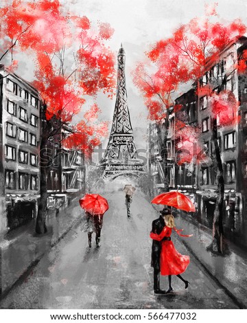 COUPLE WITH RED UMBRELLA IN PARIS OIL PAINT REPRINT  ON FRAMED CANVAS WALL ART