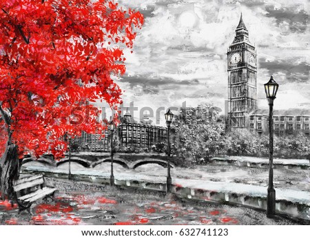 oil painting on canvas, street of london. Artwork. Big ben and red tree.  England. Bridge and river