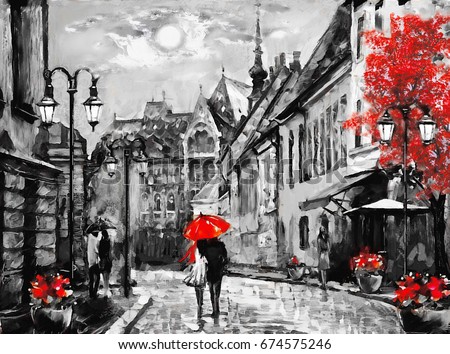 oil painting on canvas european city. Hungary. street view of Budapest. Artwork. people under a red umbrella. Tree. Night and moon

