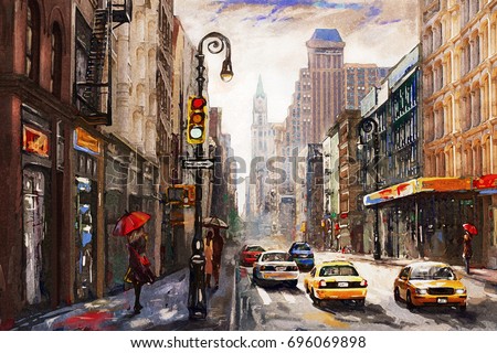 oil painting on canvas, street view of New York,  woman under an red umbrella, yellow taxi,  modern Artwork,  American city, illustration New York