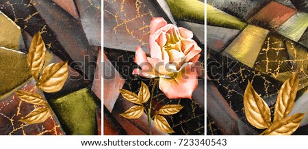 Hand drawn oil painting - triptych with flower rose. Abstract art background on canvas. texture. In Interior Modern, Contemporary art. gold crack