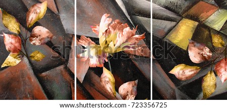 Hand drawn oil painting - triptych with flower, leaves. Abstract art background on canvas. texture. In Interior Modern, Contemporary art. Colorful 