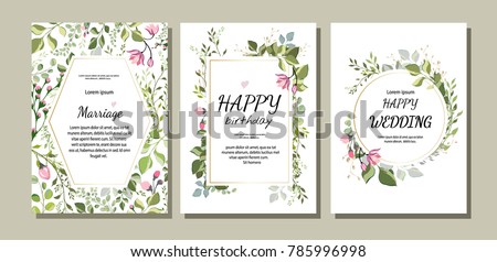  botanic card with wild flowers, leaves. Spring ornament concept. Floral poster, invite. Vector layout decorative greeting card or invitation design background. Hand drawn illustration