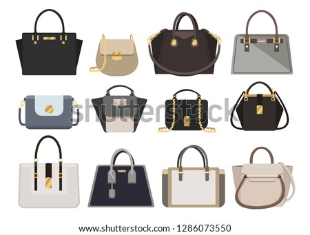 Woman bags Designer Ladies Handbag  collection of fashionable female accessories of different types isolated icons set vector.  Trendy leather women handheld bag isolated on white background