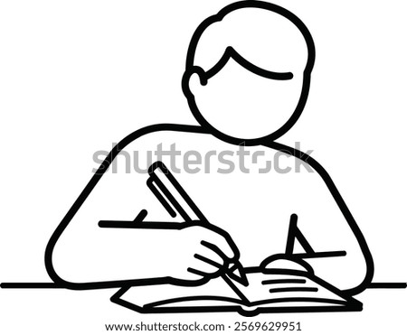 Vector illustration: A drawing of a man writing a book with a pen, isolated on a white background.