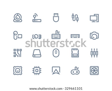 Computer components and peripherals icons. Line series