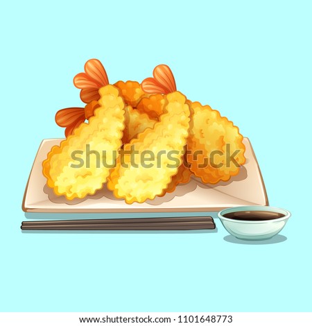 Japanese food Tempura, fried shrimp and shoyu sauce vector illustration