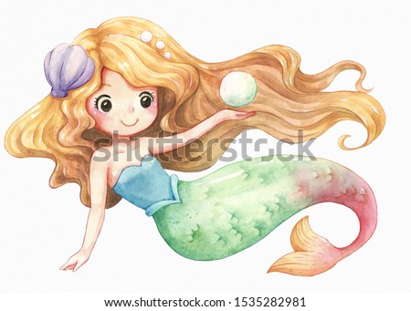 Mermaid character cartoon watercolor, cute girl, clipart illustration, isolated on white texture watercolor paper.