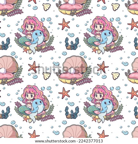 Cute seamless pattern cartoon there are Various types of A mermaid sits on a seashell, whale, starfish, seaweed and bubbles. Kawaii style. Digital download, Vector image.