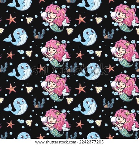 Cute seamless pattern cartoon there are Various types of mermaid, whale, shell, starfish, seaweed and bubbles. Kawaii style. Digital download, Vector image.