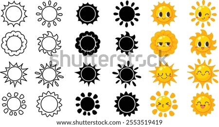 Illustration of variety sun designs, simple line art, solid silhouettes, and cheerful cartoon style suns with expressive faces. ideal for icons, labels, or digital decoration.