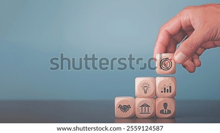 Similar – Image, Stock Photo Businessman with wooden blocks and red arrow