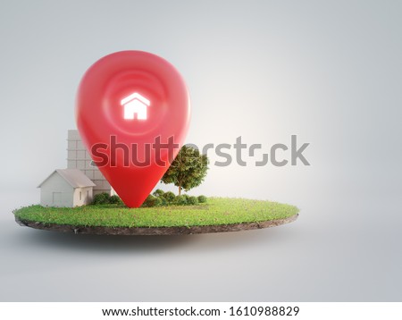 House symbol with location pin icon on earth and green grass in real estate sale or property investment concept. Buying land for new home. 3d illustration of big advertising sign.