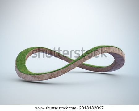 3D rendering of infinity symbol in environmental conservation concept. Earth land with green grass isolated on white background.