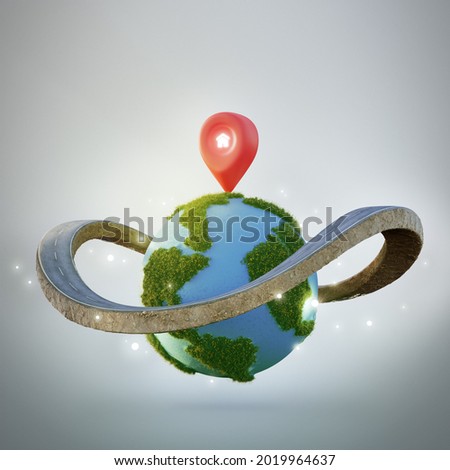 House symbol with location pin icon on earth and road ring in travel around the world or property investment concept. Buying land for new home. 3d illustration of real estate advertising sign.
