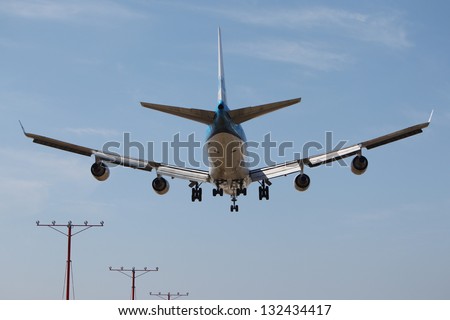 LOS ANGELES, CALIFORNIA, USA - MARCH 21, : A KLM Boeing 747-400 plane lands at Los Angeles Airport on March 21, 2012. The plane seats 660 passengers and can fly non-stop for up to 7,670 miles