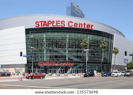 LOS ANGELES, CALIFORNIA, USA - APRIL 16 : The Staples Center in Downtown Los Angeles on April 16, 2013. It is 950,000 SF and is home to the Lakers team and seats up to 19,060 for basketball
