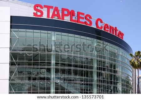 LOS ANGELES, CALIFORNIA, USA - APRIL 16 : The Staples Center in Downtown Los Angeles on April 16, 2013. It is 950,000 SF and is home to the Lakers team and seats up to 19,060 for basketball