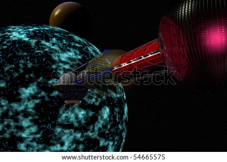 Spaceship approaching strange planet with blue green clouds - a 3D rendered science fiction scene