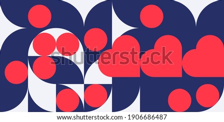 Romantic vector abstract  geometric background with hearts, circles, rectangles and squares  in retro scandinavian style. Pastel colored simple shapes graphic pattern. Abstract mosaic artwork.