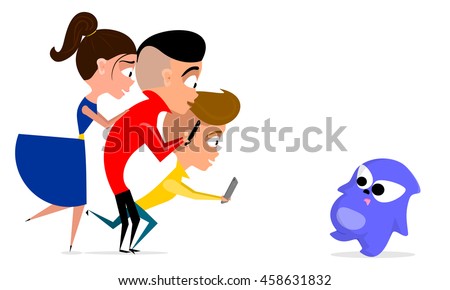 Playing Catch Monsters Game on Smartphone, vector cartoon illustration of a teen group playing video game on their smartphone.