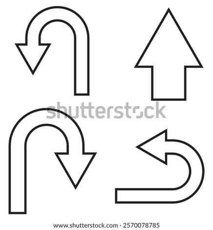 Go Straight, U turn, Right Left, One Way, Only U Turn Arrow Sign Direction Icon. Set of arrows icons.Circle arrows rotate arrow, spinning loading symbol. Circular rotation, redo process,Colorful.EPS10