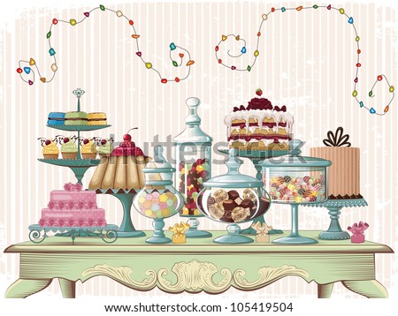 Different cakes and glass jars with candies set on the old-fashioned table. All objects are grouped and separated to layers.