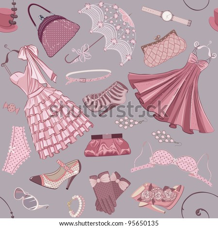 Seamless Pattern With Various Women'S Clothing, Shoes And Accessories ...