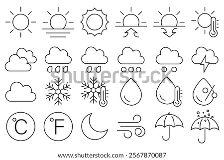 Set of weather vector line icons. Containing clouds, temperature, sunny day, rain, wind and more. Sunny, cloudy, rainy, snowy. Simple Set of Four Seasons and Day Parts Related Vector Line Icons.