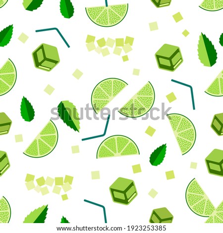 Mojito cocktail seamless pattern. Top view lemonade wallpaper. Illustration with mint, ice cube and lime. Fresh summer time print or t-shirt, prints, banner, party invitation or packaging design.  Stock foto © 