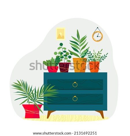 Modern interior with dresser and houseplants. Vector illustration in flat style. Commode with houseplants.
