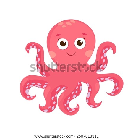 Cute Pink little octopus cartoon flat. Cute octopus with hand drawn sea life elements. Sea animals. Vector doodle cartoon octopus of marine life objects for your design.