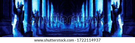 A dark night corridor assembled with many statues of angels along the wall, everything is lit by blue moonlight, at the end of the corridor is a massive door. 2d illustration