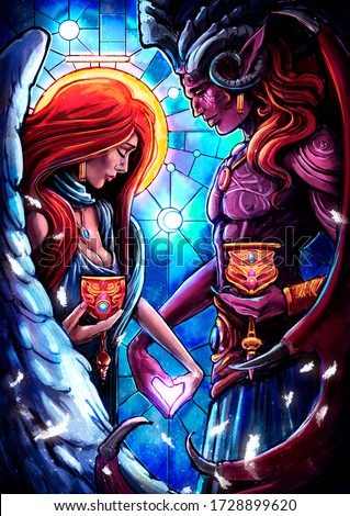 Two lovers, an angel and a demon, holding hands forming a silhouette of the heart, symbolizes a card of Tarro deuce cups. 2d illustration Zdjęcia stock © 