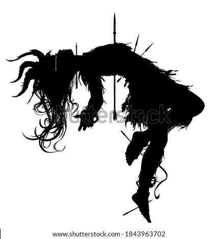 The silhouette of a little demon girl flying up in weightlessness, her body pierced by arrows, she is crying. 2D illustration