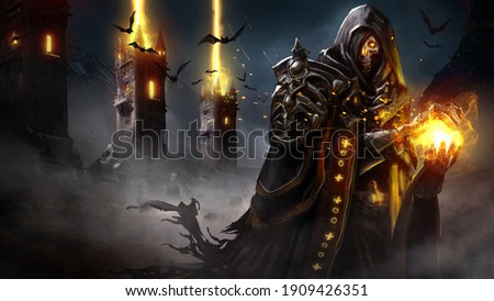 The sinister skeleton lich forms a sphere of fire in his hands, his eyes glowing with magic, he is wearing a ragged cloak and armor, and behind him, the magic towers fire a volley into the night sky.