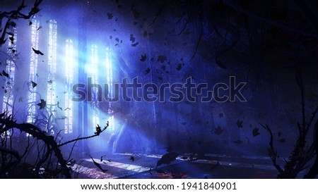 A mystical abandoned room of a Gothic building with stained glass windows from which bright moonlight shines, thorny plants everywhere, and dry leaves flying in the air. 2d illustration.