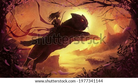 A hunter girl with demonic horns runs astride a huge fluffy cat that jumps over a canyon lit by a beautiful, setting sun against the background of magical mountains in the fog. 2d  illustration