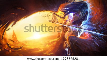The ghost of an angel woman with black wings, she plays music on a magic violin creating a magical blue flame. a girl flies over a medieval city against the background of a juicy bright sunset. 2d art