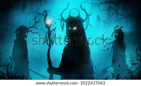 A black silhouette of a sinister trio of shamans in the middle of a foggy swampy forest, their eyes mysteriously glow in the dark, they are dressed in ethnic clothes with masks and horns. 2d art Foto stock © 