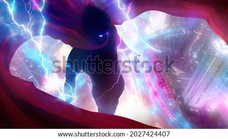 A gloomy black silhouette of a muscular, elegant superhero with a huge red cloak, he hovers in the air over a huge night city, blue lightning sparkles from his eyes and body 2d illustration