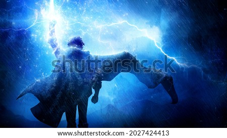 The silhouette of a fantasy hero with a long cloak fluttering in the wind, he confidently goes forward raising his fist up, which is hit by bright lightning, torrential rain pours on him 2d art
