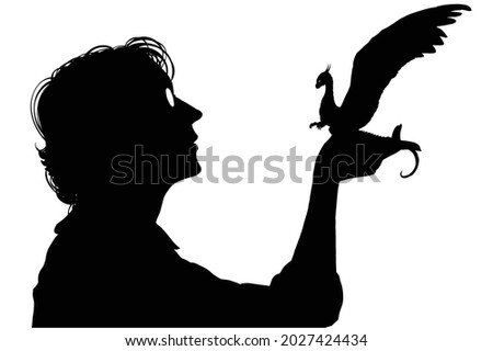 A black silhouette of a scientist in white glasses, he tremblingly holds a miniature cute dragon with feathered wings in his hands, he stands on his hind legs sitting on his palm 2d illustration black
