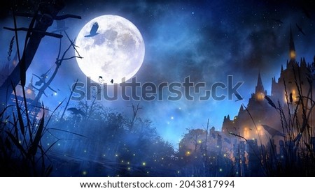 A mystical fairy-tale landscape of a night sinister kingdom with a huge moon, a blue night starry sky, a swamp in the foreground and large castles with glowing windows in the second. 3D rendering