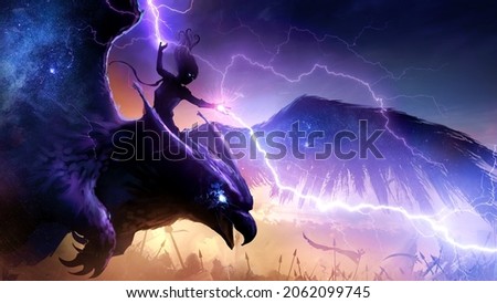 A beautiful sorceress riding on a huge owl griffin flies into the thick of battles launching purple lightning from the sky at enemies, their bodies sparkle with stars and magic. 2d illustration