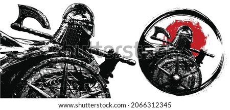 A brutal Viking with a shield and a large axe stands proudly in profile in the wind, wearing a helmet with scales, circled in a blot circle, against the background of the red sun. 2d illustration