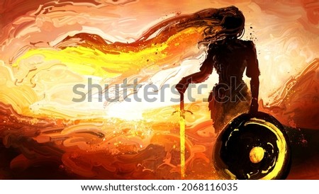 A feminine silhouette of a knight girl with a shield on which a crescent moon and a golden glowing sword, she has long magical hair, against the background of a bright sunset. 2d oil illustration Photo stock © 