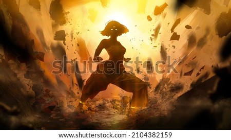 Slender girl kung fu master wielding the power of the elements of the earth, in a low fighting stance mabu She is overwhelmed by the power from which the stones around fly up erasing into dust. 2d art Foto stock © 